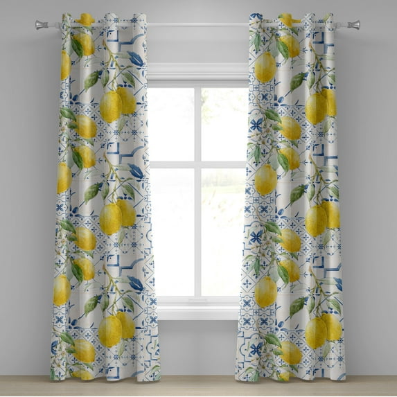Ambesonne Citrus Grommet Curtain, Lemon Garden Scene Floral, 50"x84", Mustard Peacock Green