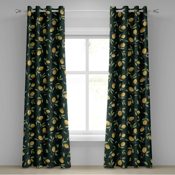 Ambesonne Citrus Grommet Curtain, Lemon Pattern Tropical Art, 50"x108", Mustard Hunter Green