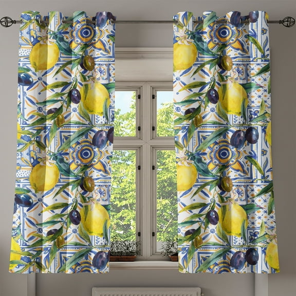 Ambesonne Citrus Grommet Curtain, Nature Vibes Lemon Olive Art, 50"x60", Mustard Dark Indigo White