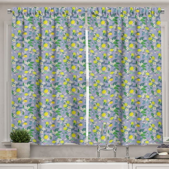 Ambesonne Citrus Kitchen Curtains, Lemons Flowers Garden Scene, 55"x45", Earth Yellow Fern Green