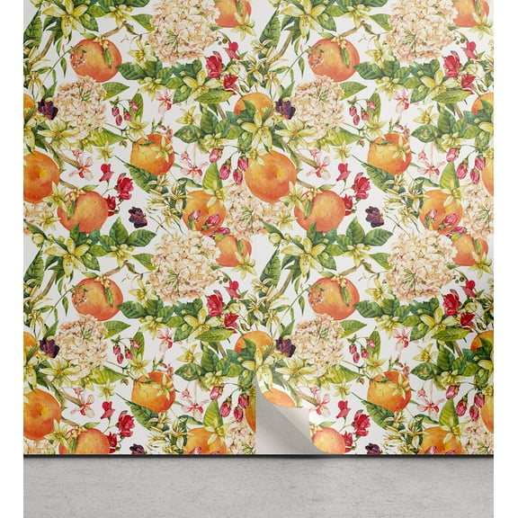 Ambesonne Citrus Peel & Stick Wallpaper for Home, Jungle Scene Leafy Twigs Art, 13"x36", Marigold Fern Green Ruby