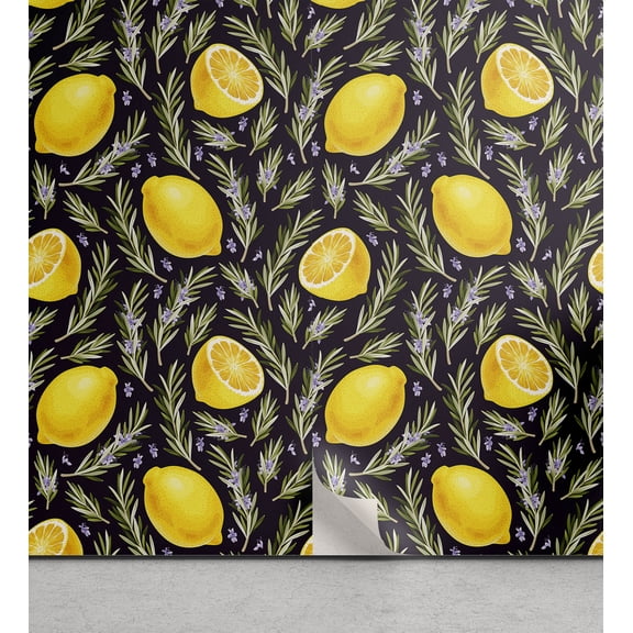 Ambesonne Citrus Peel & Stick Wallpaper for Home, Tropical Urban Jungle Lemons, 13"x36", Yellow Green Dark Purple