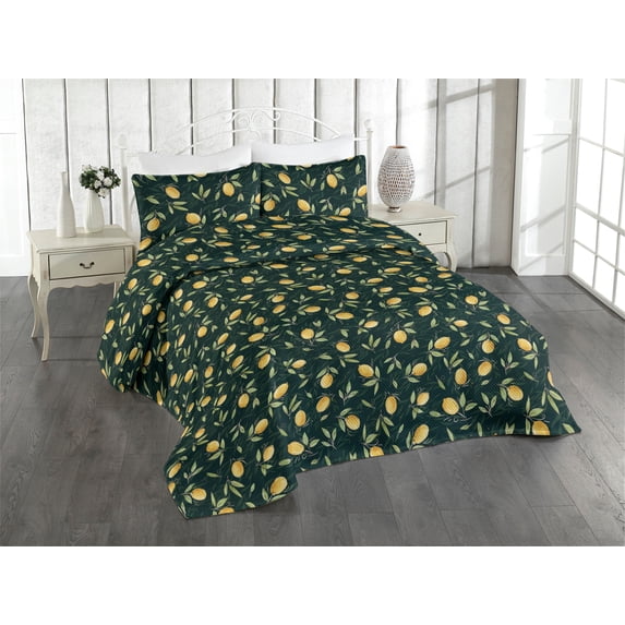 Ambesonne Citrus Quilted Bedspread Set 3 Pcs, Lemon Pattern Tropical Art, Twin, Mustard Hunter Green