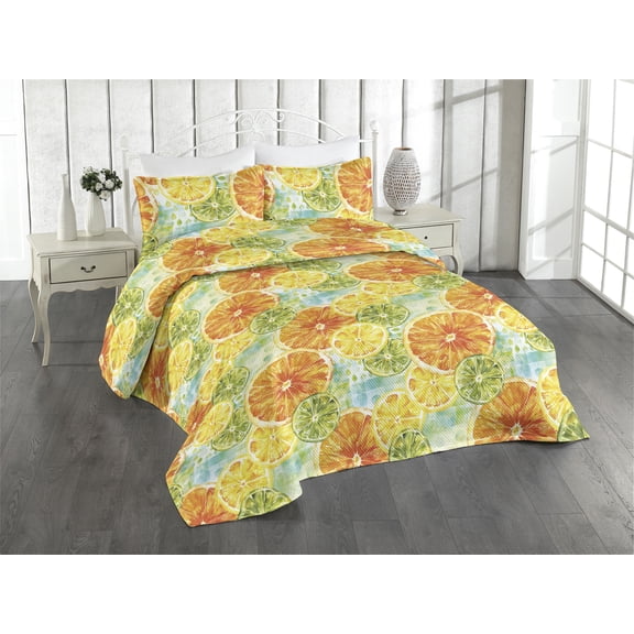 Ambesonne Citrus Quilted Bedspread Set 3 Pcs, Summer Slices of Lime Print, Twin, Yellow Marigold and Green