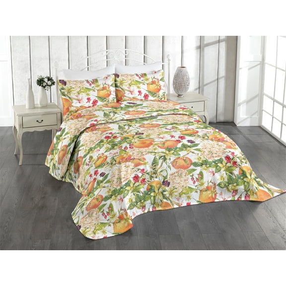 Ambesonne Citrus Quilted Coverlet 2 Pcs, Jungle Scene Leafy Twigs Art, Twin Size, Marigold Fern Green Ruby