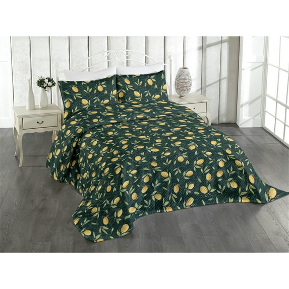 Ambesonne Citrus Quilted Coverlet 3 Pcs, Lemon Pattern Tropical Art, Queen Size, Mustard Hunter Green