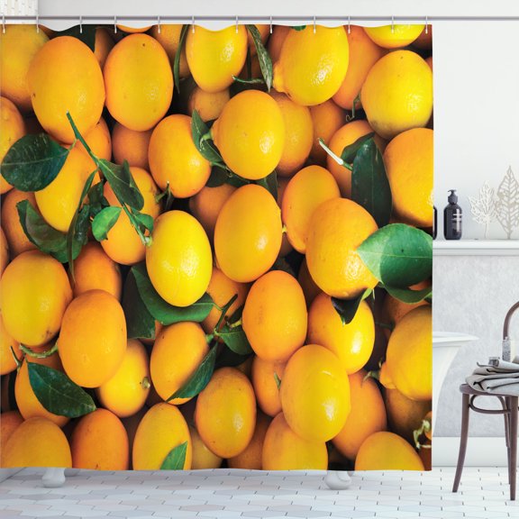 Ambesonne Citrus Shower Curtain, Orange Leaves Lemon Print, 69"Wx75"L, Earth Yellow and Pale Green