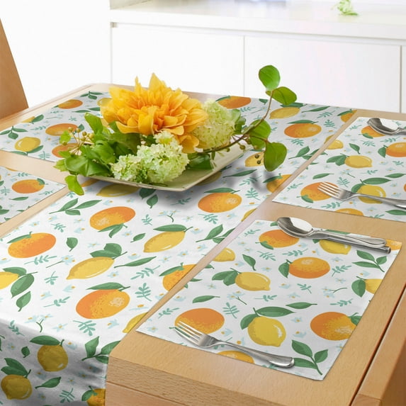 Ambesonne Citrus Table Runner & Placemats, Lemons and Oranges Flowers, Placemat 4 pcs + Runner 16"x90", Marigold Mustard