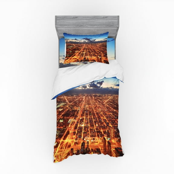 Ambesonne City Bedding Set 3 Pcs, Chicago Downtown Aerial, Twin XL, Orange Dark Orange Blue