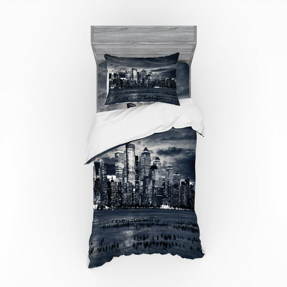 Ambesonne City Bedding Set 3 Pcs, Dramatic View NYC Skyline, Twin XL, Blegrey Black White