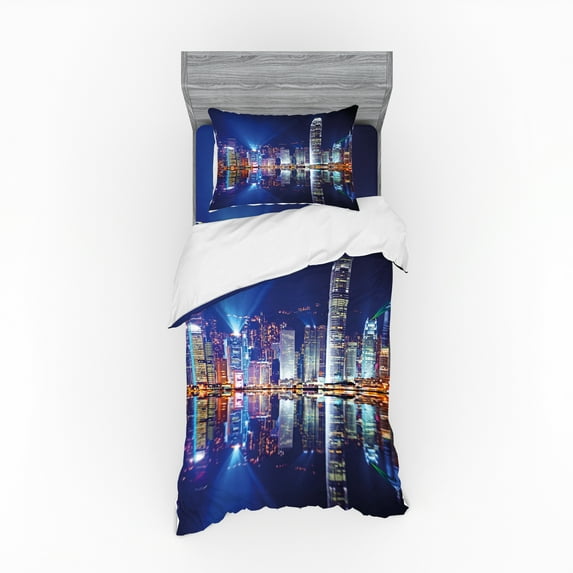 Ambesonne City Bedding Set 3 Pcs, Hong Kong Island Modern, Twin, Royal Blue Orange White