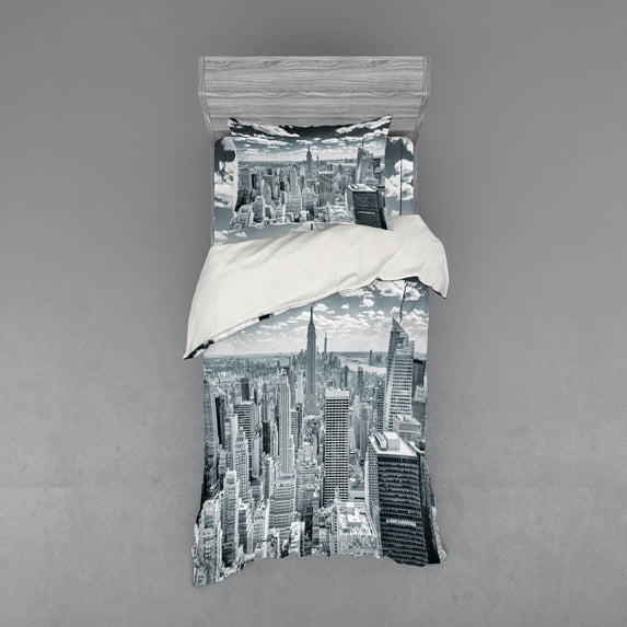 Ambesonne City Bedding Set 3 Pcs, Manhattan Urban Scenery, Twin XL, Grey