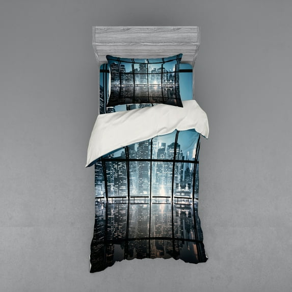 Ambesonne City Bedding Set 3 Pcs, New York at Night Scenery, Twin, Black and Dark Blue