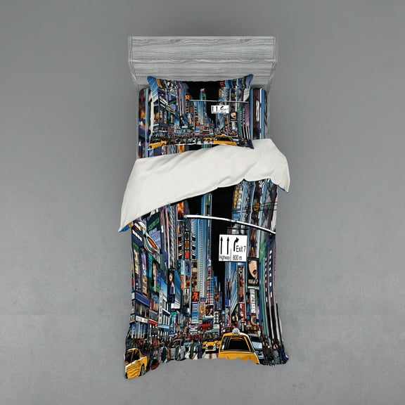 Ambesonne City Bedding Set 3 Pcs, Night Scene New York, Twin XL, Multicolor