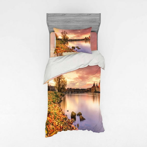 Ambesonne City Bedding Set 3 Pcs, Prague Riverside Autumn, Twin XL, Pink Orange