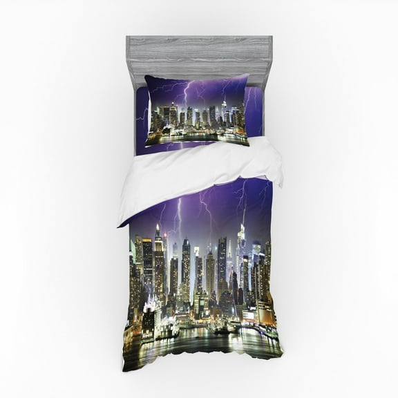 Ambesonne City Bedding Set 3 Pcs, Storm Thunder in New York, Twin, Charcoal Grey Indigo