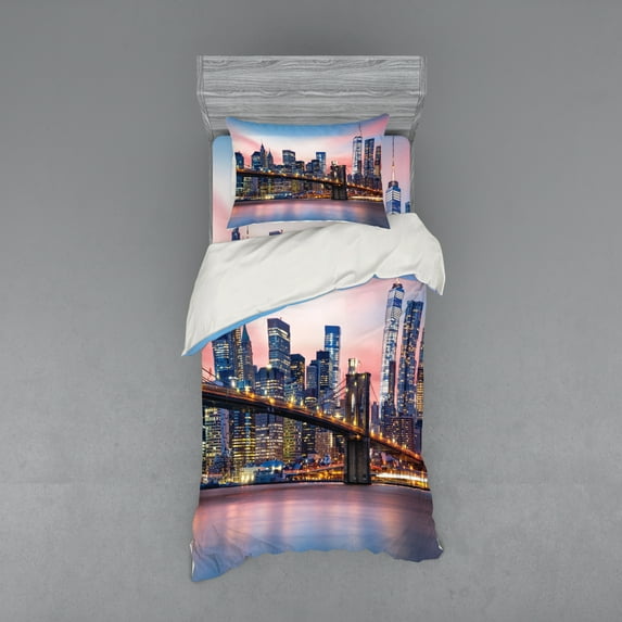 Ambesonne City Bedding Set 3 Pcs, Sunrise in Brooklyn Bridge, Twin, Blue
