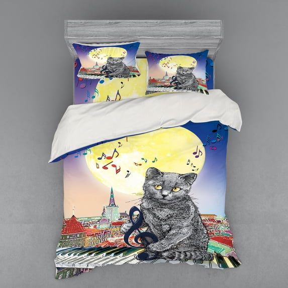 Ambesonne City Bedding Set 4 Pcs, Musical Notes Cat, Queen, Multicolor