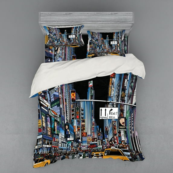 Ambesonne City Bedding Set 4 Pcs, Night Scene New York, Queen, Multicolor