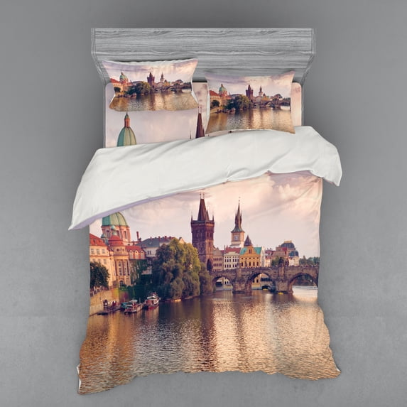 Ambesonne City Bedding Set 4 Pcs, Prague River and Bridge, Queen, Multicolor