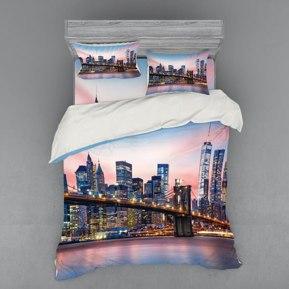 Ambesonne City Bedding Set 4 Pcs, Sunrise in Brooklyn Bridge, Queen, Blue