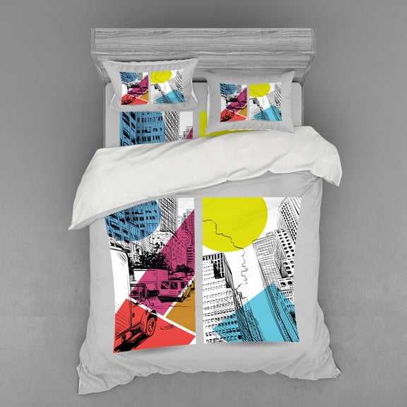 Ambesonne City Bedding Set 4 Pcs, Urban Illustration Trucks, Queen, Multicolor