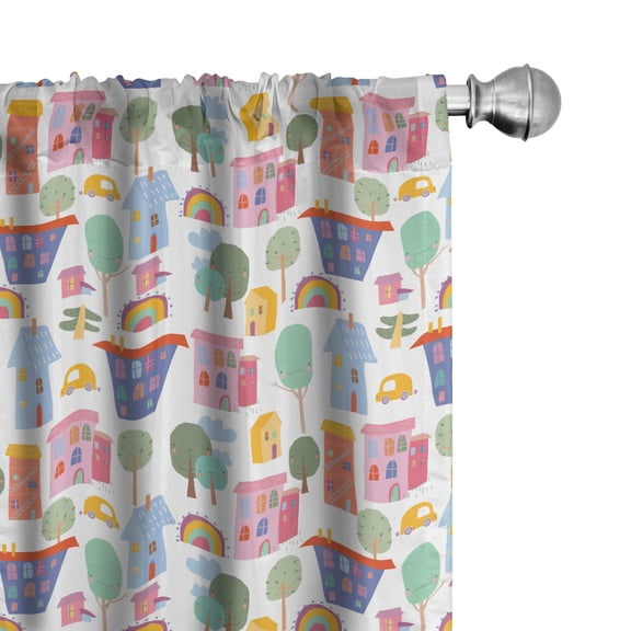 Ambesonne City Curtains, Tree House Car Rainbow Cartoon, Pair of 28"x63", Salmon Ceil Blue and Orange