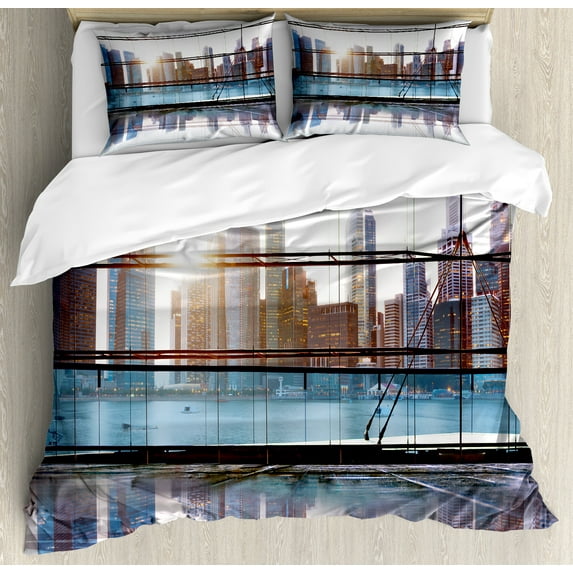 Ambesonne City Duvet Cover Set, Futuristic Metropolitan, 2-Calking, Sky Blue Black and White