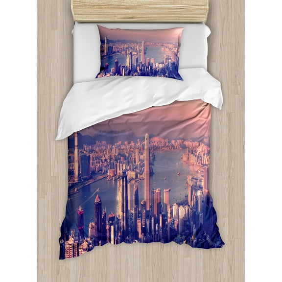 Ambesonne City Duvet Cover Sets, Dreamy Hong Kong Scenery, 2-Twin, Pale Pink Night Blue