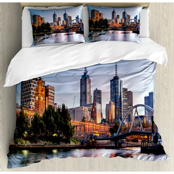 Ambesonne City Duvet Cover Sets, Morning Australia River, 2-Queen, Orange Green Pale Blue
