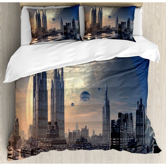 Ambesonne City Duvet Cover Sets, Spacecraft in Formation, 2-Queen, Peach Tan Blue