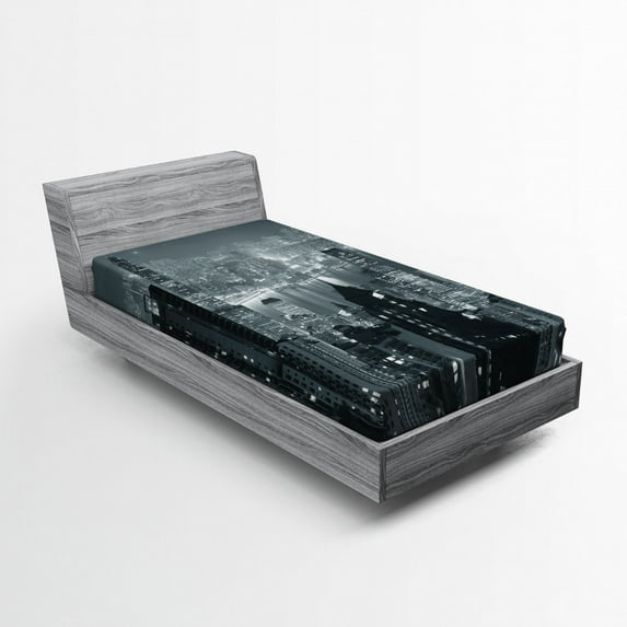 Ambesonne City Fitted Sheet, Aerial Night Landscape, Twin Size, Grey