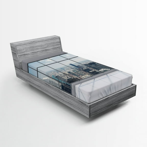 Ambesonne City Fitted Sheet, Big Window Downtown View, Twin Size, Grey White