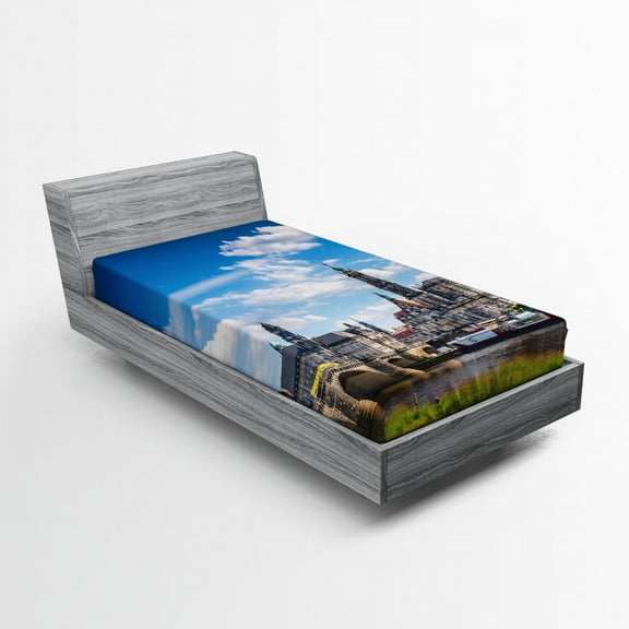 Ambesonne City Fitted Sheet, European Town, Twin XL Size, Grey Blue