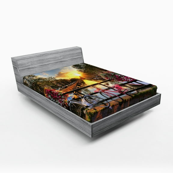 Ambesonne City Fitted Sheet, Holland Urban Bikes and Canal, Queen Size, Multicolor