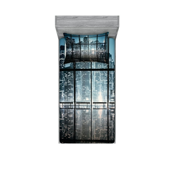 Ambesonne City Fitted Sheet & Pillow Sham Set, New York at Night Scenery, Twin, Black and Dark Blue