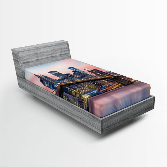 Ambesonne City Fitted Sheet, Sunrise in Brooklyn Bridge, Twin XL Size, Blue