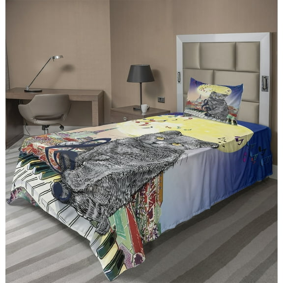 Ambesonne City Fitted & Top Sheet Set with Sham, Musical Notes Cat, Multicolor