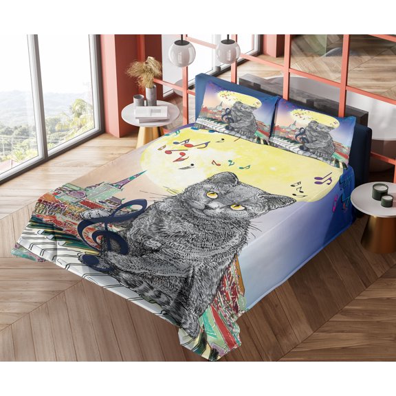 Ambesonne City Fitted & Top Sheet Set with Shams, Musical Notes Cat, Multicolor