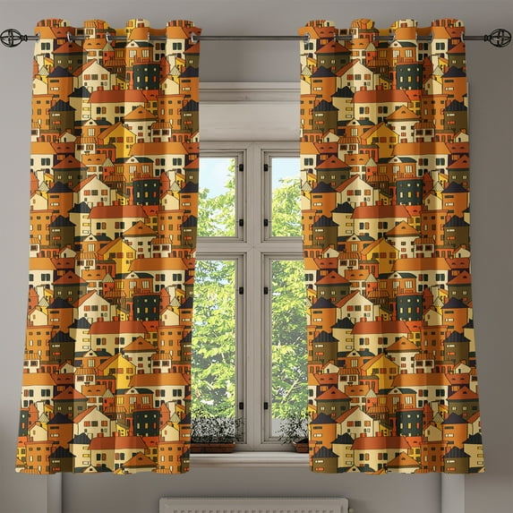Ambesonne City Grommet Curtain, Panoramic Illustration, 50" x 54", Green Orange Beige