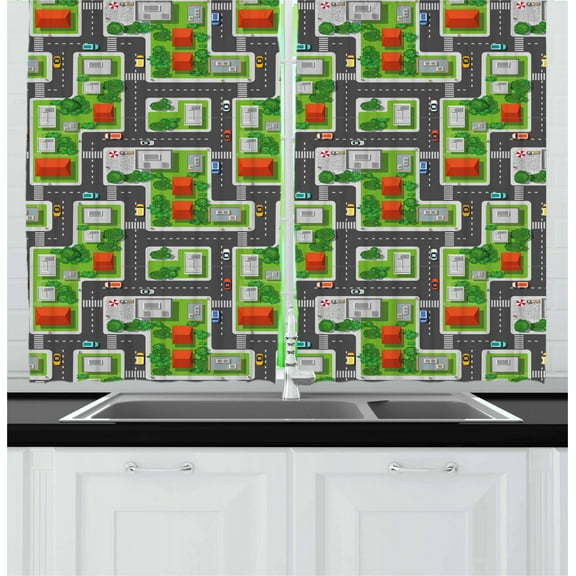 Ambesonne City Kitchen Curtains, Birds Eye View Map Design, 55"x39", Multicolor