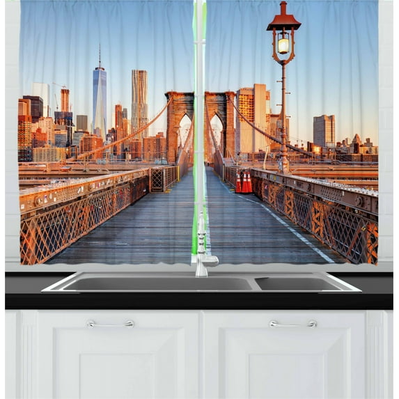 Ambesonne City Kitchen Curtains, Brooklyn Bridge Manhattan, 55"x45", Orange Pale Blue Grey