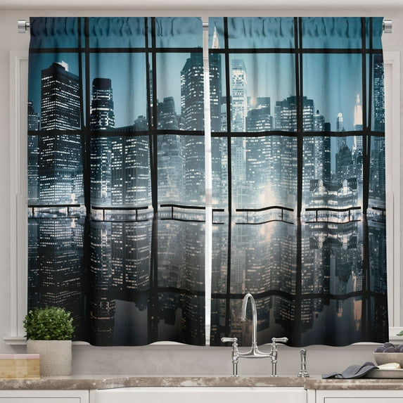 Ambesonne City Kitchen Curtains, New York at Night Scenery, 55"x45", Black and Dark Blue