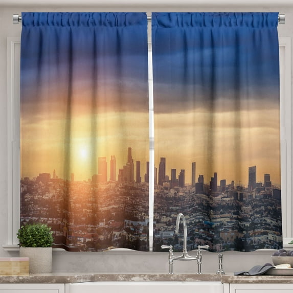 Ambesonne City Kitchen Curtains, Sunrise at Los Angeles, 55"x45", Navy Blue Apricot Ivory