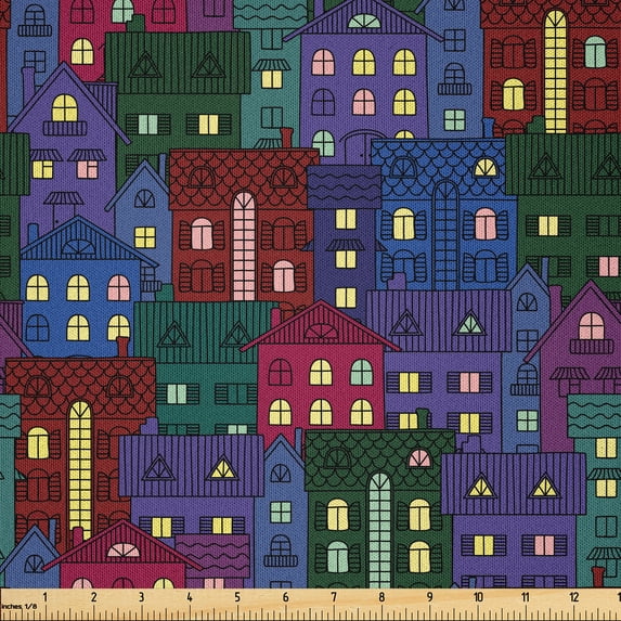Ambesonne City Life Fabric by the Yard Microfiber, Urban Digital Cityscape, 5 Yards, Raspberry Dark Violet