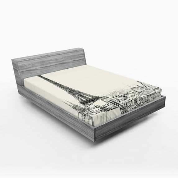 Ambesonne City Love Fitted Sheet, Paris over Roofs House, King Size, Eggshell and Black