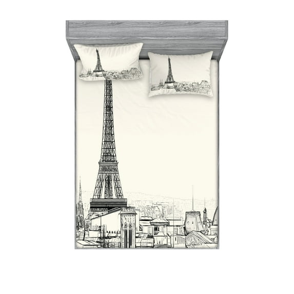 Ambesonne City Love Fitted Sheet & Pillow Sham Set, Paris over Roofs House, King, Eggshell and Black