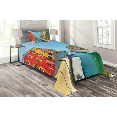 Ambesonne City Love Quilted Coverlet 2 Pcs, Urban Life with Boats, Twin Size, Multicolor