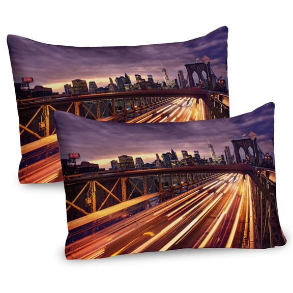 Ambesonne City Pillow Sham 2 Pack, Brooklyn Bridge Traffic, 36"x20", Lilac Dark Orange Yellow