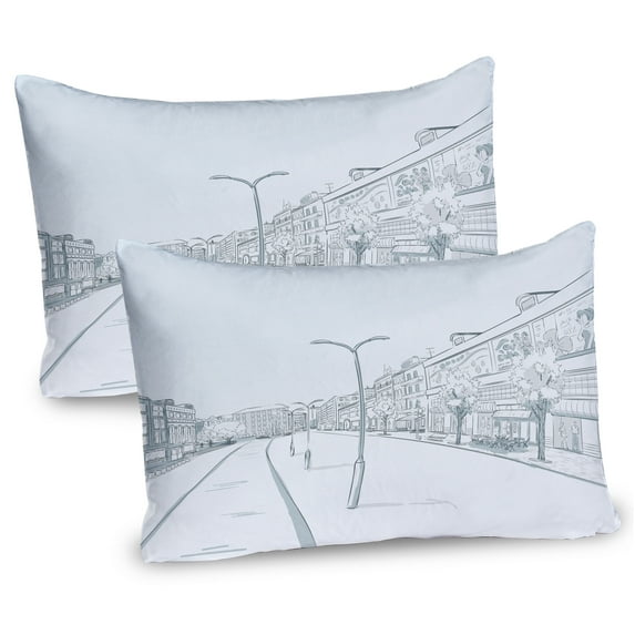 Ambesonne City Pillow Sham 2 Pack, Pastel Sketch Urban Panorama, 30"x20", Blue Grey Slate Blue
